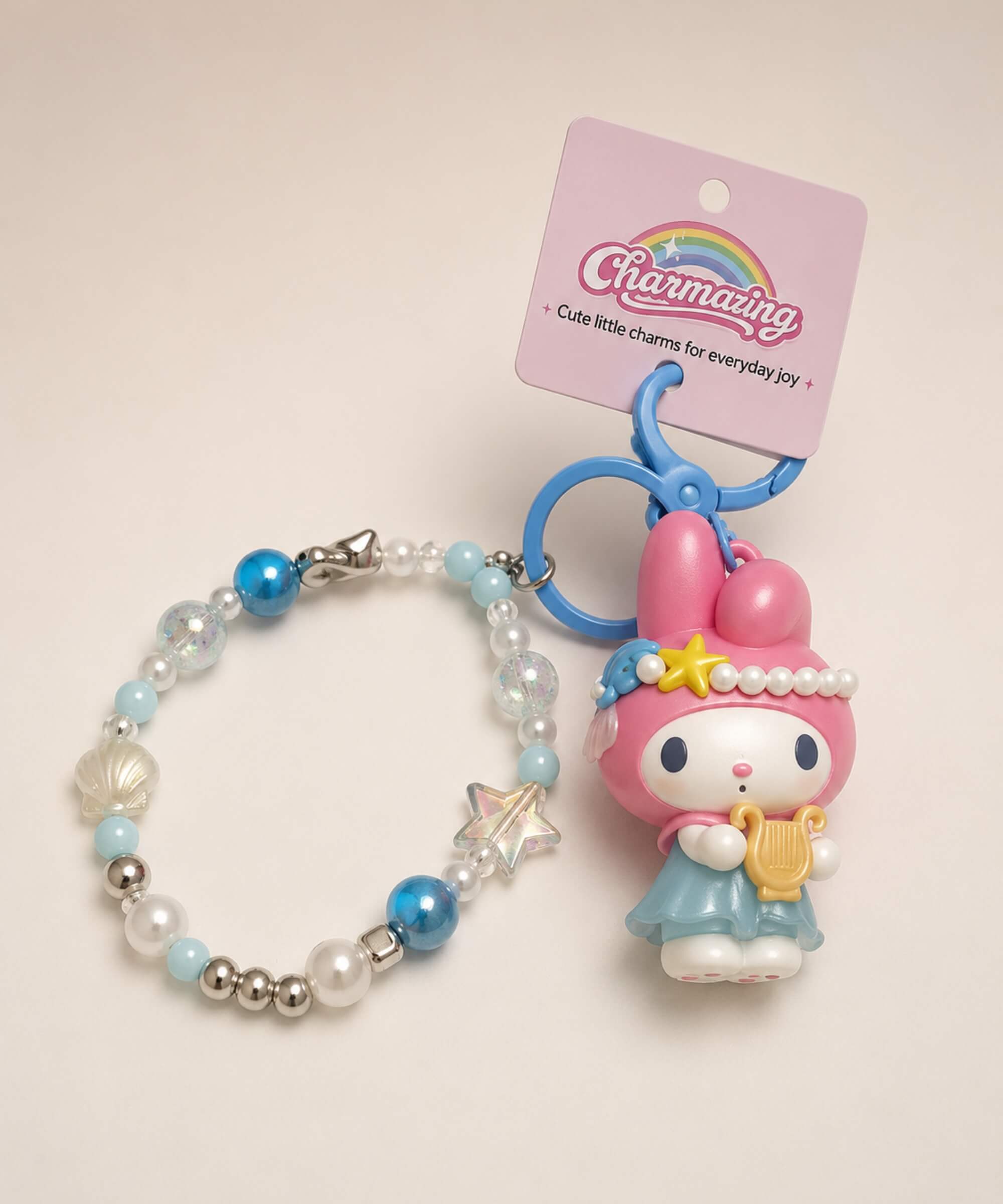 Blue My Melody accordion Sanrio beaded keychain with pearl-look beads, star charm and blue ring hardware